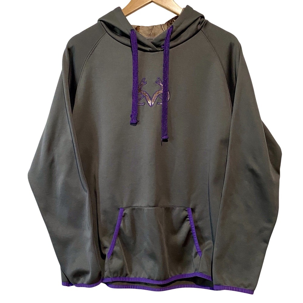 Realtree Mountain Hoodie Womens Size XL Gray Pullover Purple Trim Camo‎ Hood *